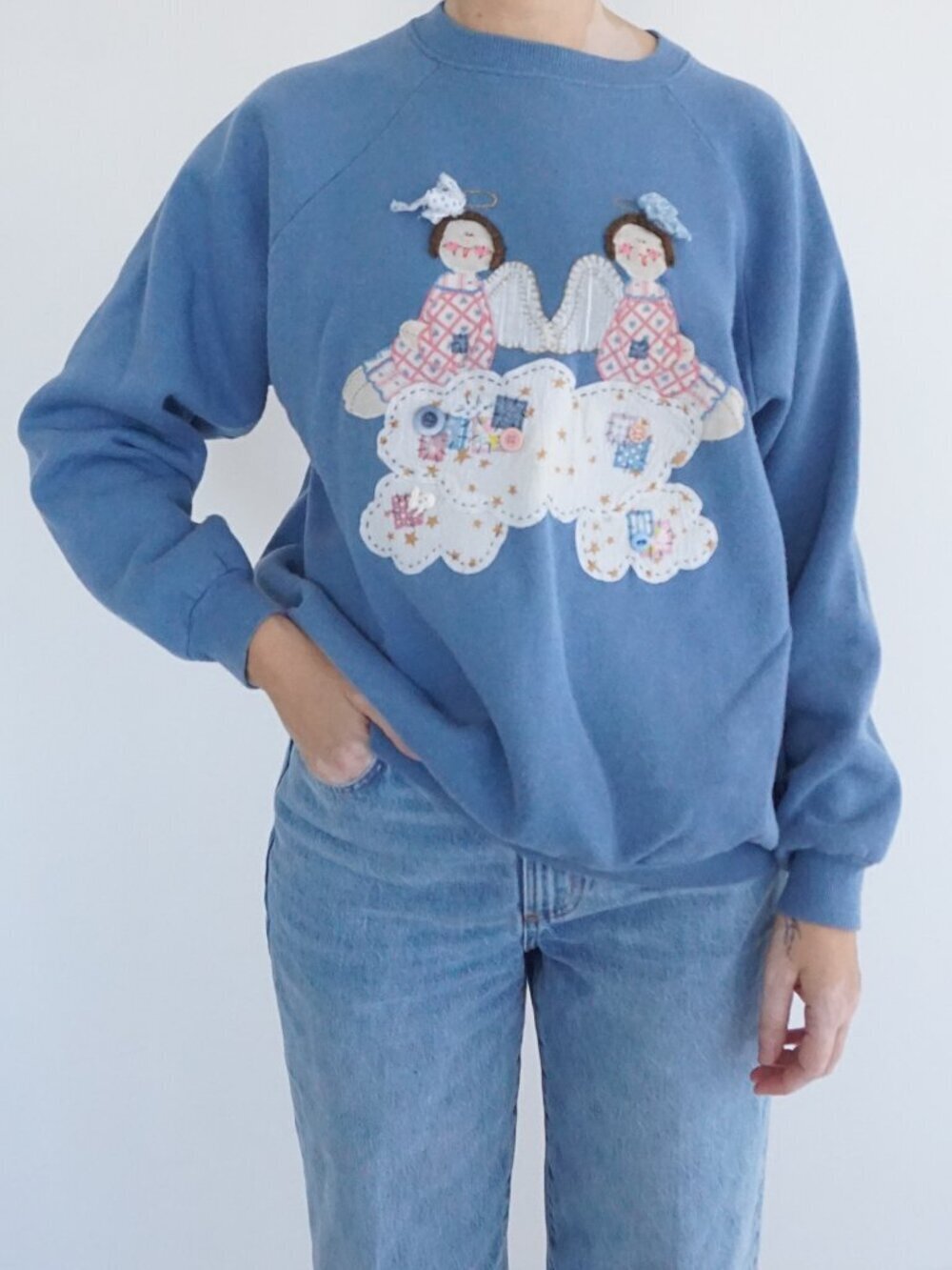 Vintage Hanes Her Way Blue Angel Applique Sweatshirt Patchwork Art Graphic L